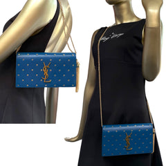 SAINT LAURENT Blue Star Leather Mary Kate YSL Clutch with Chain/Tassel Saint Laurent