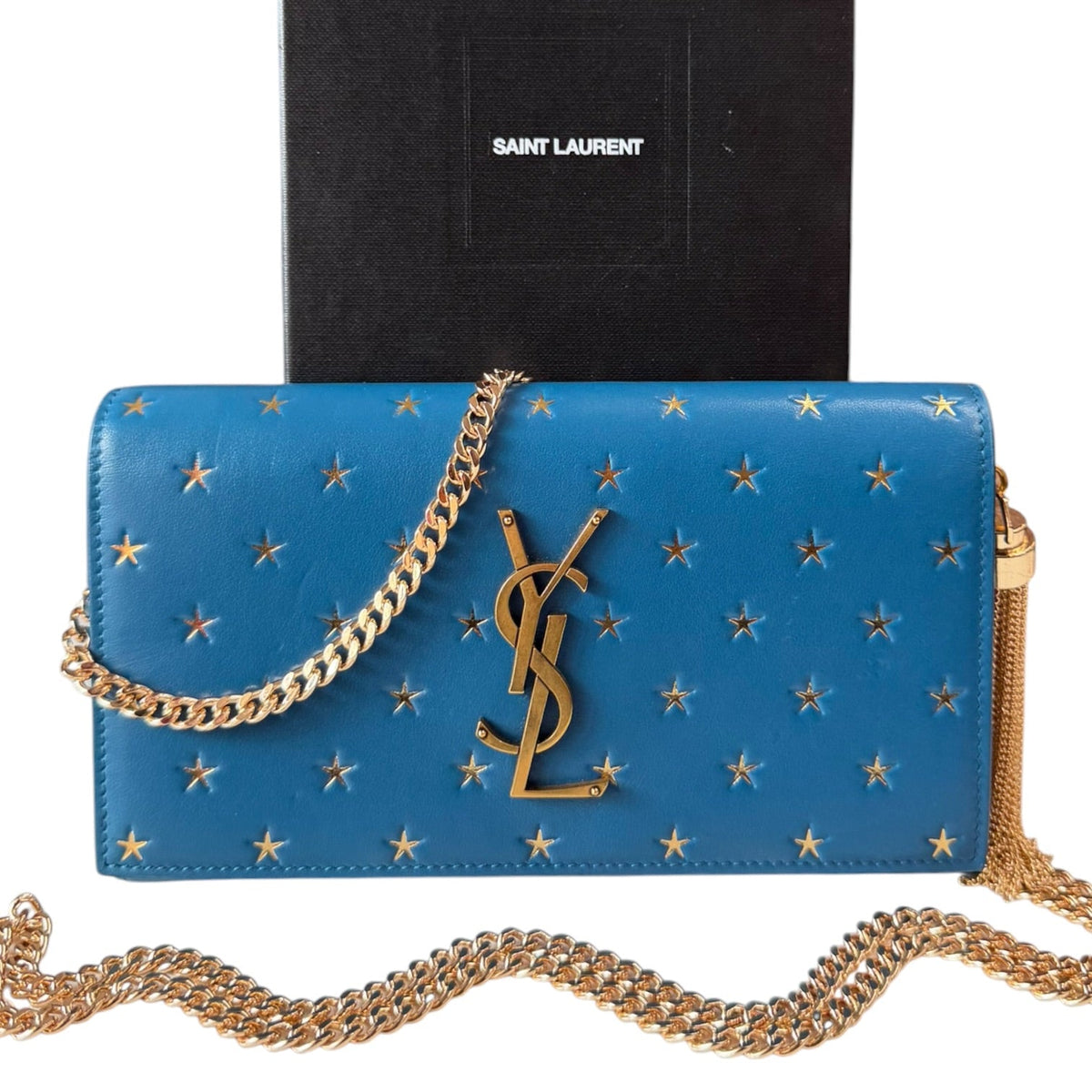 SAINT LAURENT Blue Star Leather Mary Kate YSL Clutch with Chain/Tassel Saint Laurent