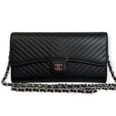 CHANEL Black Caviar Chevron Gusseted Classic Flap Wallet with added Chain CHANEL
