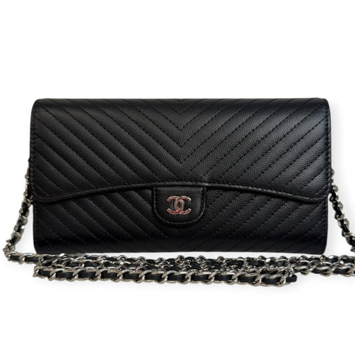 CHANEL Black Caviar Chevron Gusseted Classic Flap Wallet with added Chain CHANEL