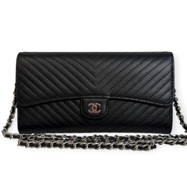 CHANEL Black Caviar Chevron Gusseted Classic Flap Wallet with added Chain CHANEL