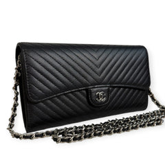 CHANEL Black Caviar Chevron Gusseted Classic Flap Wallet with added Chain CHANEL