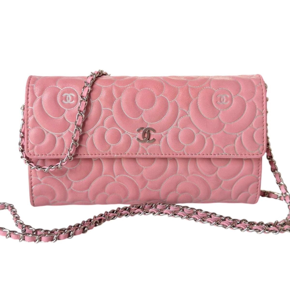 CHANEL Pink/Silver Lambskin SHW Camellia Long Flap Wallet Chanel