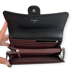 CHANEL Black Caviar Chevron Gusseted Classic Flap Wallet with added Chain CHANEL
