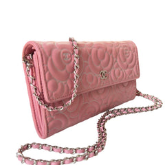 CHANEL Pink/Silver Lambskin SHW Camellia Long Flap Wallet Chanel