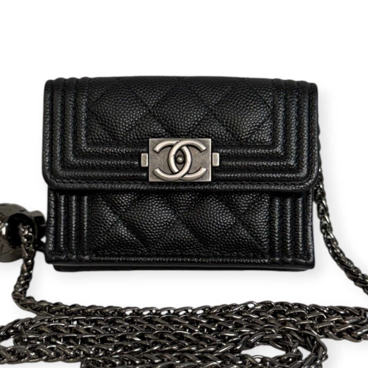 CHANEL Black Caviar Leather Boy Compact Wallet with added adjustable chain Chanel