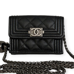 CHANEL Black Caviar Leather Boy Compact Wallet with added adjustable chain Chanel