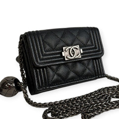 CHANEL Black Caviar Leather Boy Compact Wallet with added adjustable chain Chanel