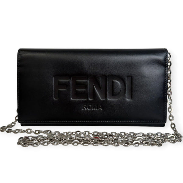 FENDI Black Leather Roma Continental Wallet with Chain Fendi