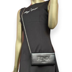 FENDI Black Leather Roma Continental Wallet with Chain Fendi