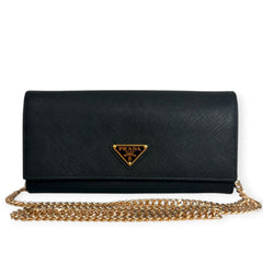 PRADA Black Saffiano Leather Triangle Wallet with added gold Chain Prada