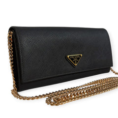 PRADA Black Saffiano Leather Triangle Wallet with added gold Chain Prada