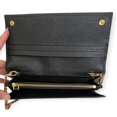 PRADA Black Saffiano Leather Triangle Wallet with added gold Chain Prada