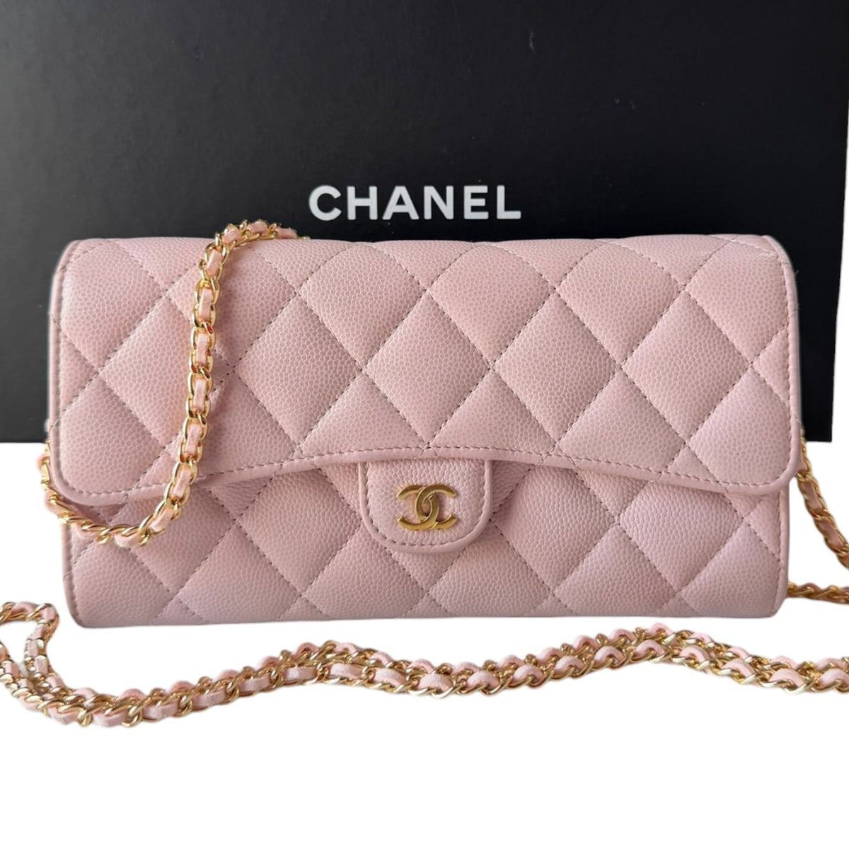 CHANEL Pale Pink Caviar GHW Classic Flap Gusseted Wallet Chanel