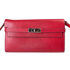 HERMES Red Clemence Leather Kelly Wallet with Added Insert/Chain Hermes