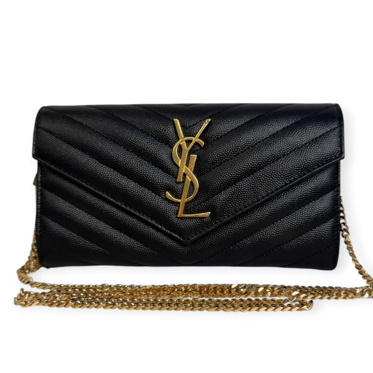 SAINT LAURENT Black Grained Leather Chevron Cassandra Clutch with Chain/Tassel Saint Laurent