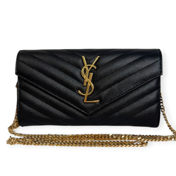 SAINT LAURENT Black Grained Leather Chevron Cassandra Clutch with Chain/Tassel Saint Laurent