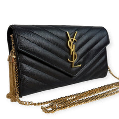 SAINT LAURENT Black Grained Leather Chevron Cassandra Clutch with Chain/Tassel Saint Laurent