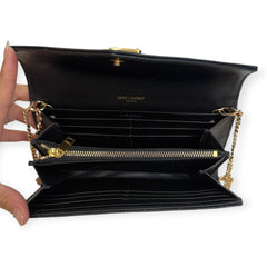 SAINT LAURENT Black Grained Leather Chevron Cassandra Clutch with Chain/Tassel Saint Laurent