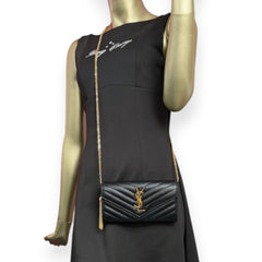 SAINT LAURENT Black Grained Leather Chevron Cassandra Clutch with Chain/Tassel Saint Laurent