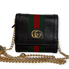 GUCCI Ophidia Black Leather Compact Wallet with Adjustable Chain Gucci