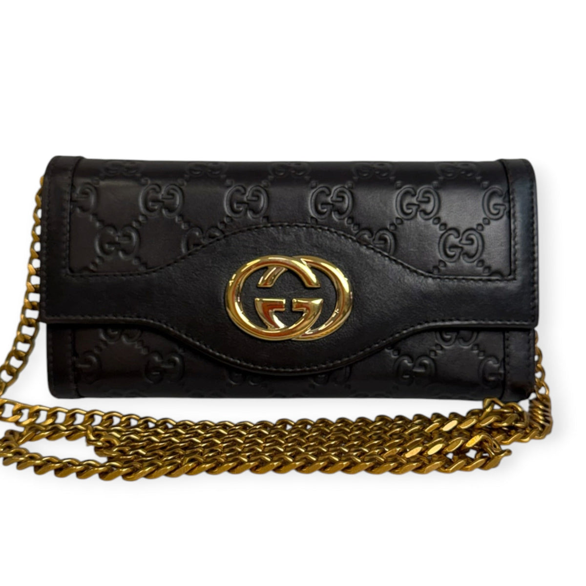 GUCCI Black Guccissima Interlocking Sukey Wallet with Chain Gucci