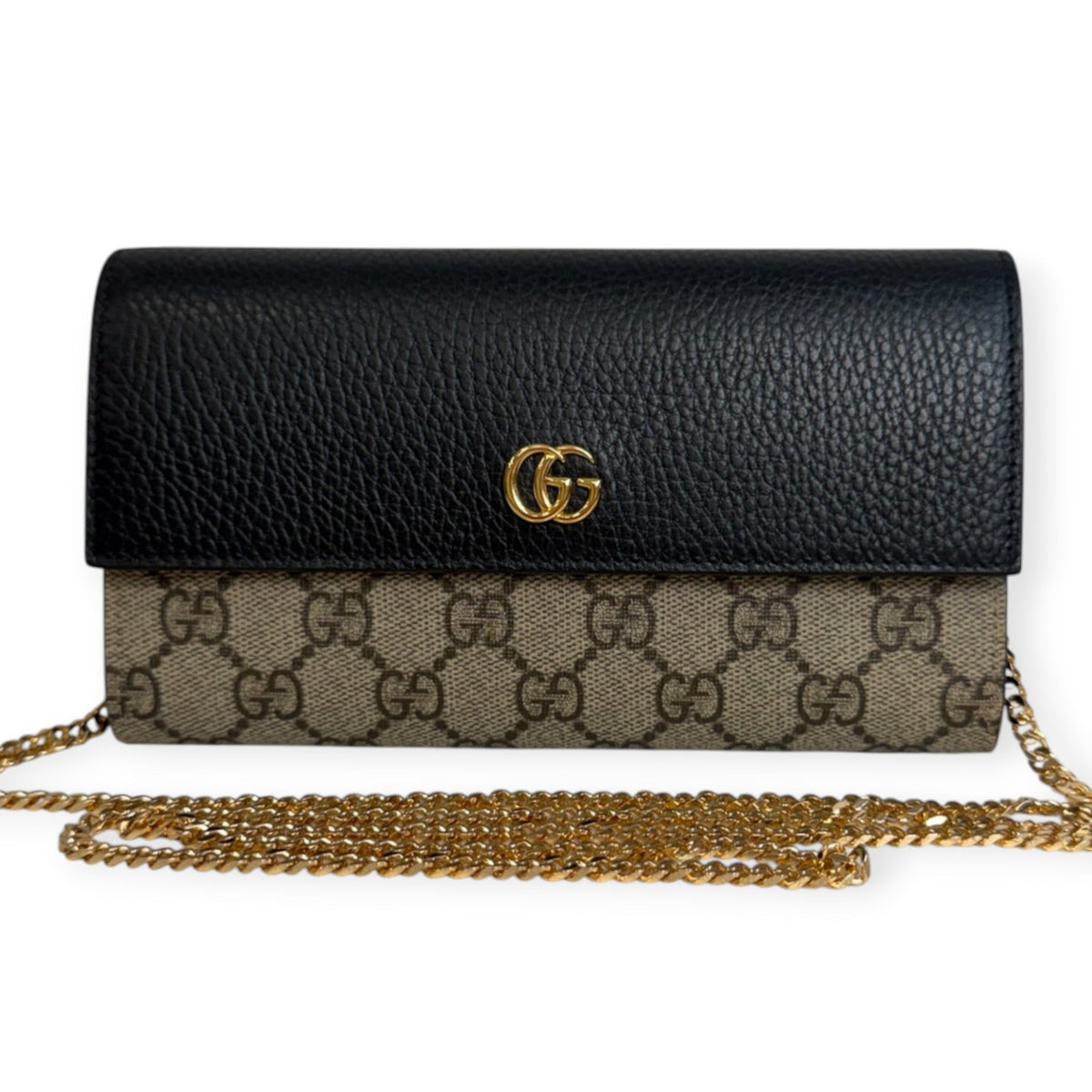 GUCCI Black Leather/Coated Canvas GG Supreme Marmont Wallet with Chain Gucci