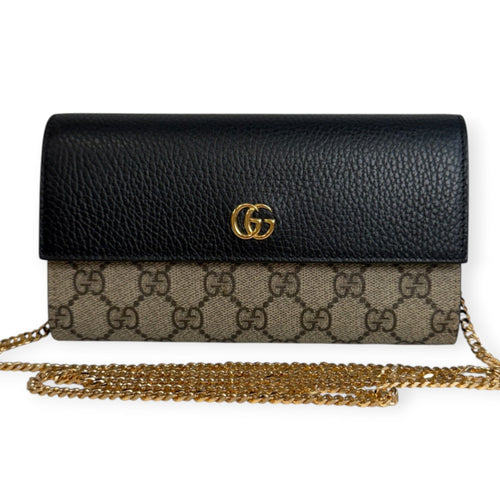 GUCCI Black Leather/Coated Canvas GG Supreme Marmont Wallet with Chain Gucci
