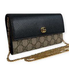 GUCCI Black Leather/Coated Canvas GG Supreme Marmont Wallet with Chain Gucci