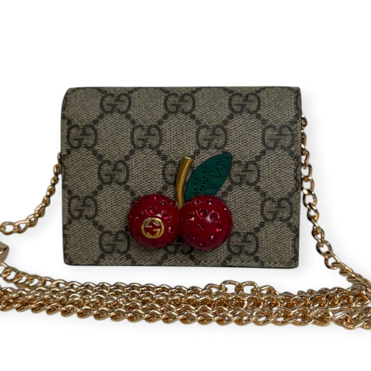 GUCCI GG Supreme Cherry Compact Wallet with Adjustable Chain Gucci
