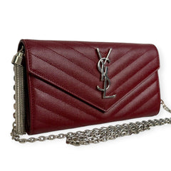 SAINT LAURENT Scarlet Red Grain de Poudre Chevron Cassandra YSL Clutch with Chain Saint Laurent