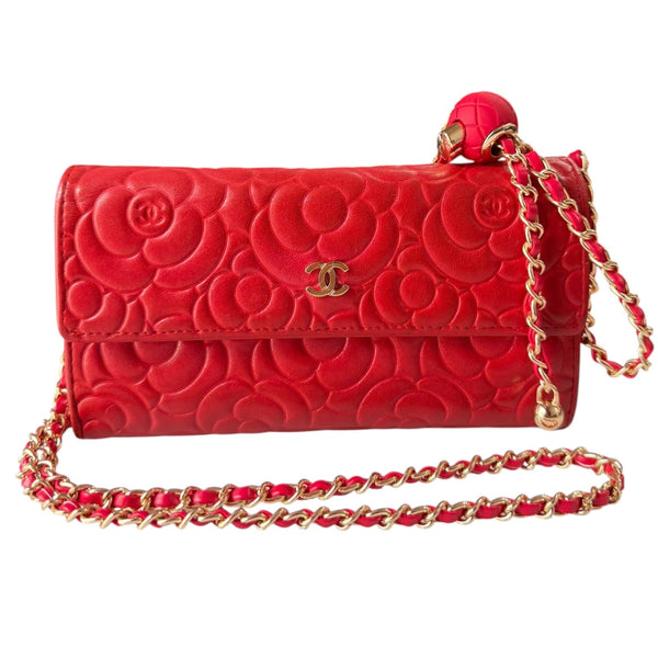 CHANEL Red Lambskin GHW Camellia Long Flap Wallet Chanel