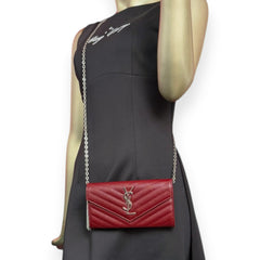 SAINT LAURENT Scarlet Red Grain de Poudre Chevron Cassandra YSL Clutch with Chain Saint Laurent