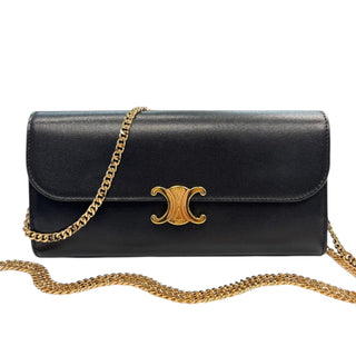 CELINE Black Leather Triomphe Long Wallet with added Chain Celine