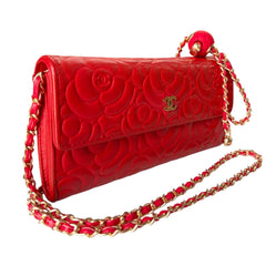 CHANEL Red Lambskin GHW Camellia Long Flap Wallet Chanel