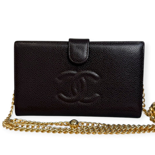 CHANEL Black Caviar Leather Timeless Wallet with added adjustable chain Chanel