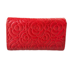 CHANEL Red Lambskin GHW Camellia Long Flap Wallet Chanel