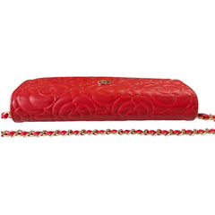 CHANEL Red Lambskin GHW Camellia Long Flap Wallet Chanel