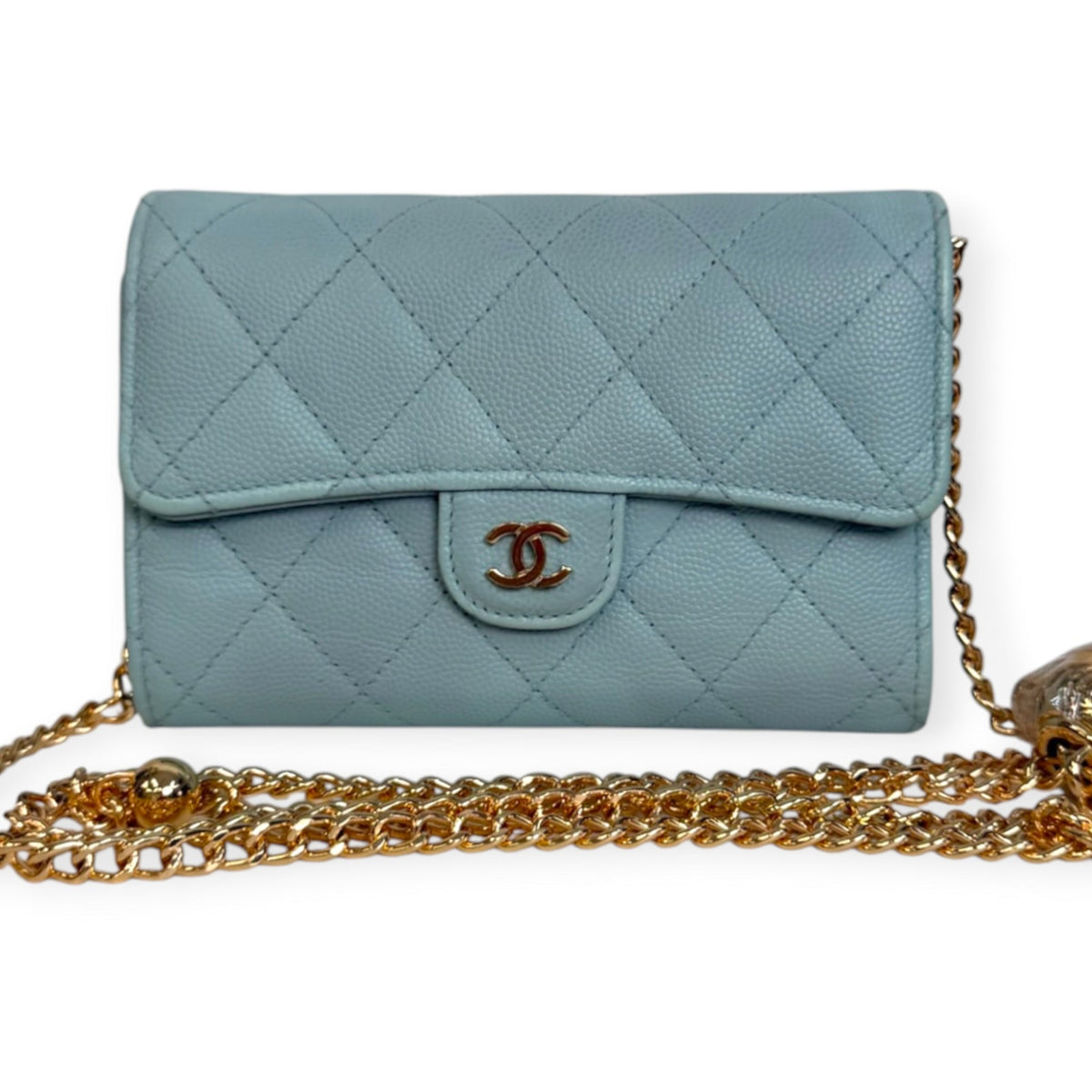 CHANEL Light Blue Caviar Classic Flap Medium Compact Trifold Wallet with adjustable chain Chanel