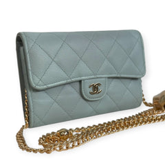CHANEL Light Blue Caviar Classic Flap Medium Compact Trifold Wallet with adjustable chain Chanel