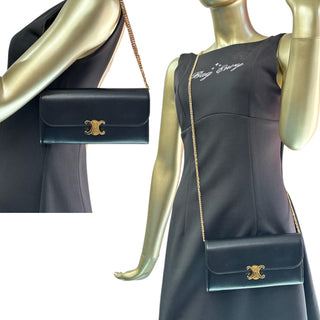 CELINE Black Leather Triomphe Long Wallet with added Chain Celine