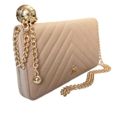 CHANEL Beige Aged Calfskin Chevron GHW Zip Wallet Chanel
