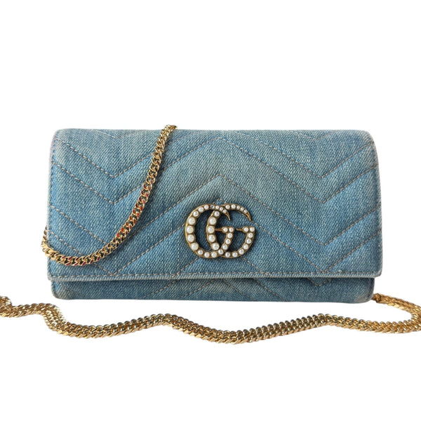 GUCCI GG Marmont Denim & Pearl Long Wallet with Chain Gucci