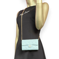 CHANEL Light Blue Caviar Classic Flap Medium Compact Trifold Wallet with adjustable chain Chanel