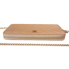 CHANEL Beige Aged Calfskin Chevron GHW Zip Wallet Chanel