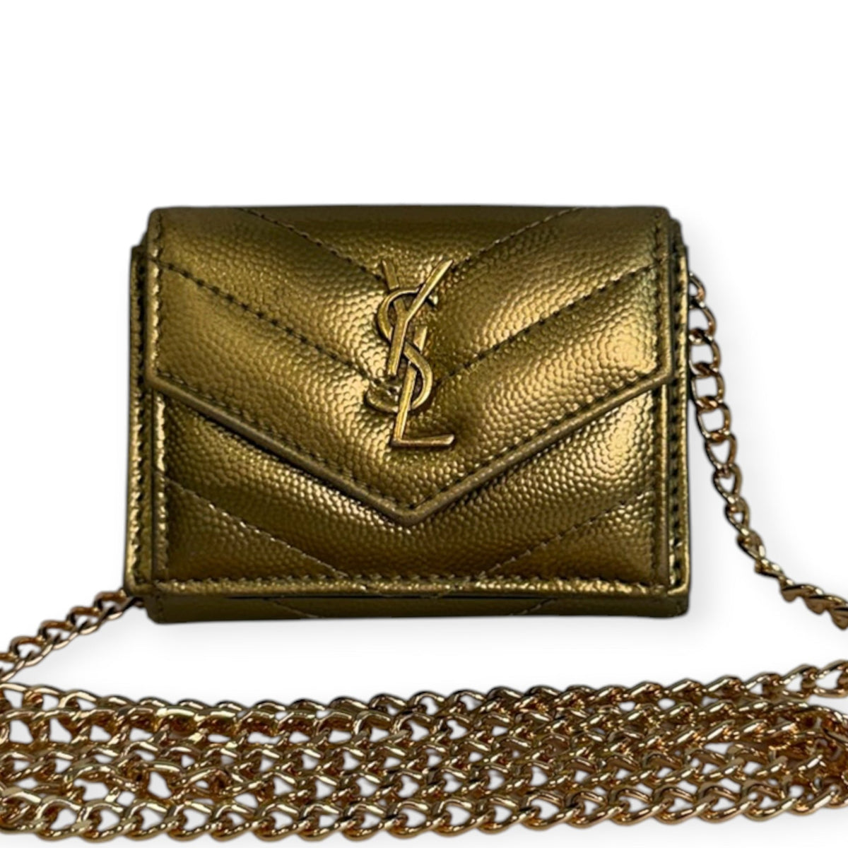 SAINT LAURENT Bronze Leather YSL Compact Trifold Wallet with Adjustable Chain Saint Laurent