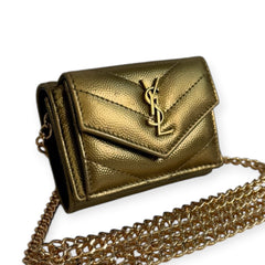 SAINT LAURENT Bronze Leather YSL Compact Trifold Wallet with Adjustable Chain Saint Laurent