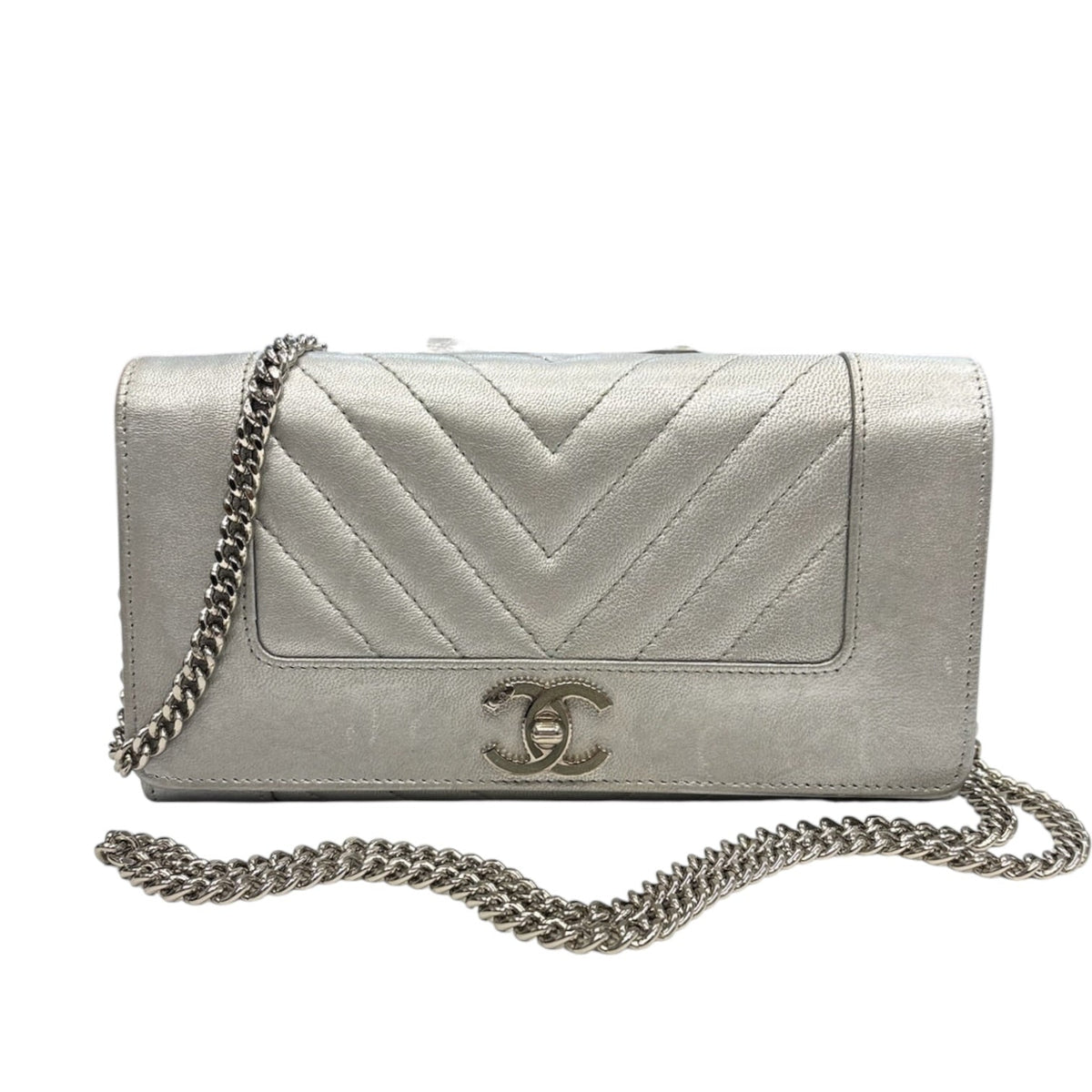 CHANEL Metallic Silver Goatskin Mademoiselle Flap Wallet Chanel
