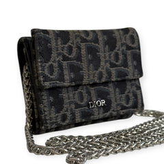 DIOR Black Oblique Compact Wallet with Adjustable Chain Dior