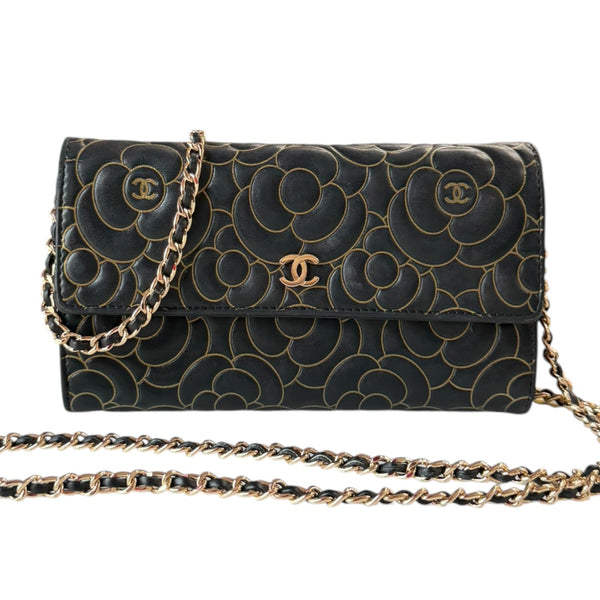 CHANEL Black and Gold Lambskin Camellia Long Flap Wallet Chanel